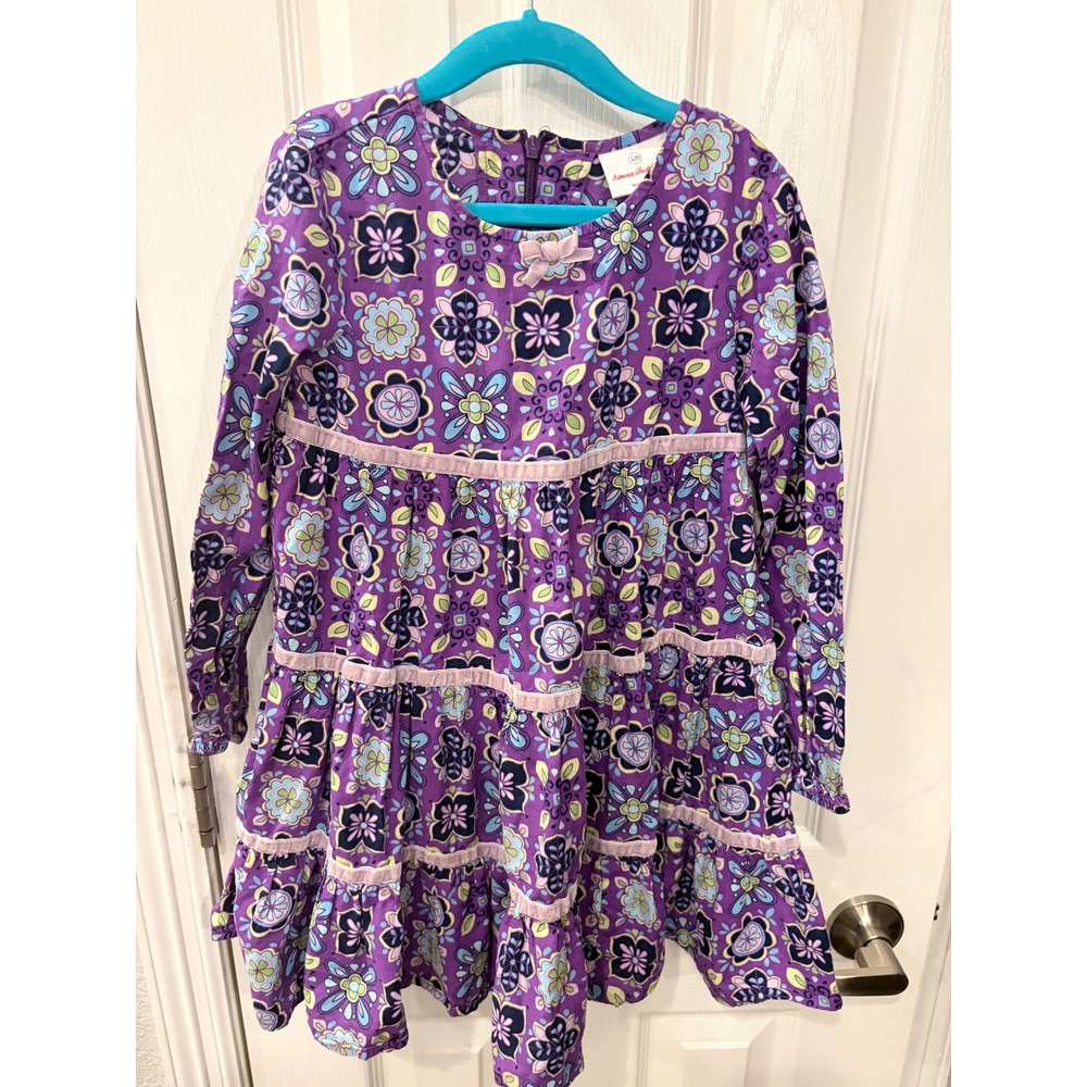 Hanna Andersson Tiered Dress Purple Floral Velvet Trim Long Sleeve Cotton 120